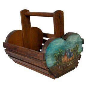 Farmhouse Barn Wooden Basket Crate Heart Shaped VTG Rustic Country Handpainted